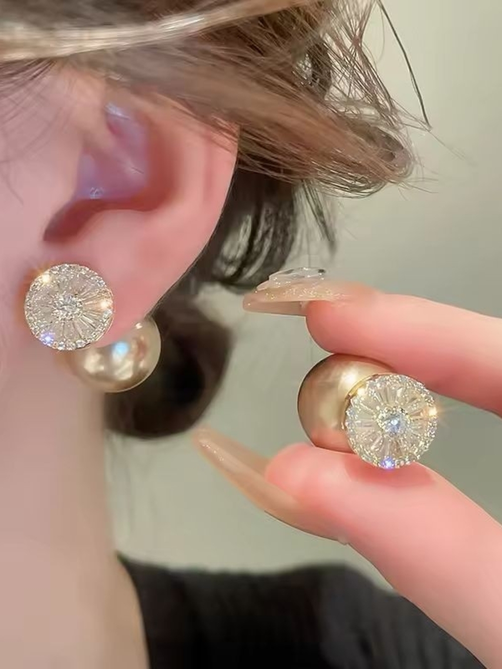 Gold Pearl and Crystal Double-Sided Stud Earrings
